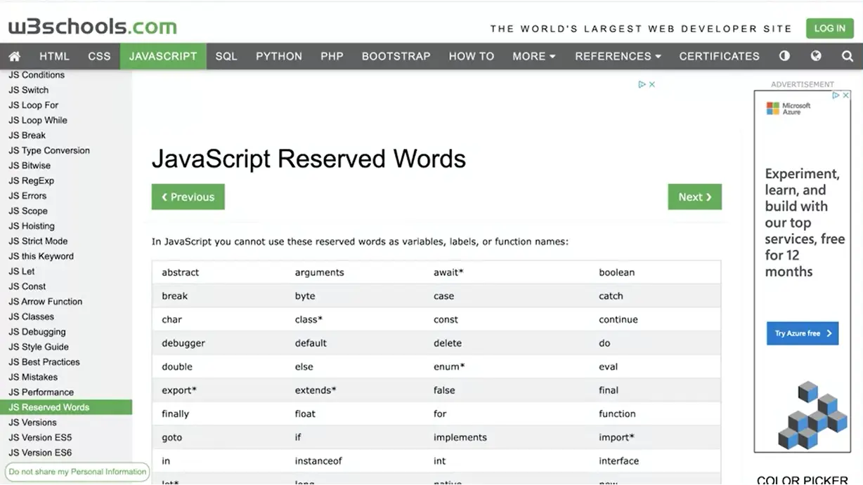 Keywords in JavaScript.