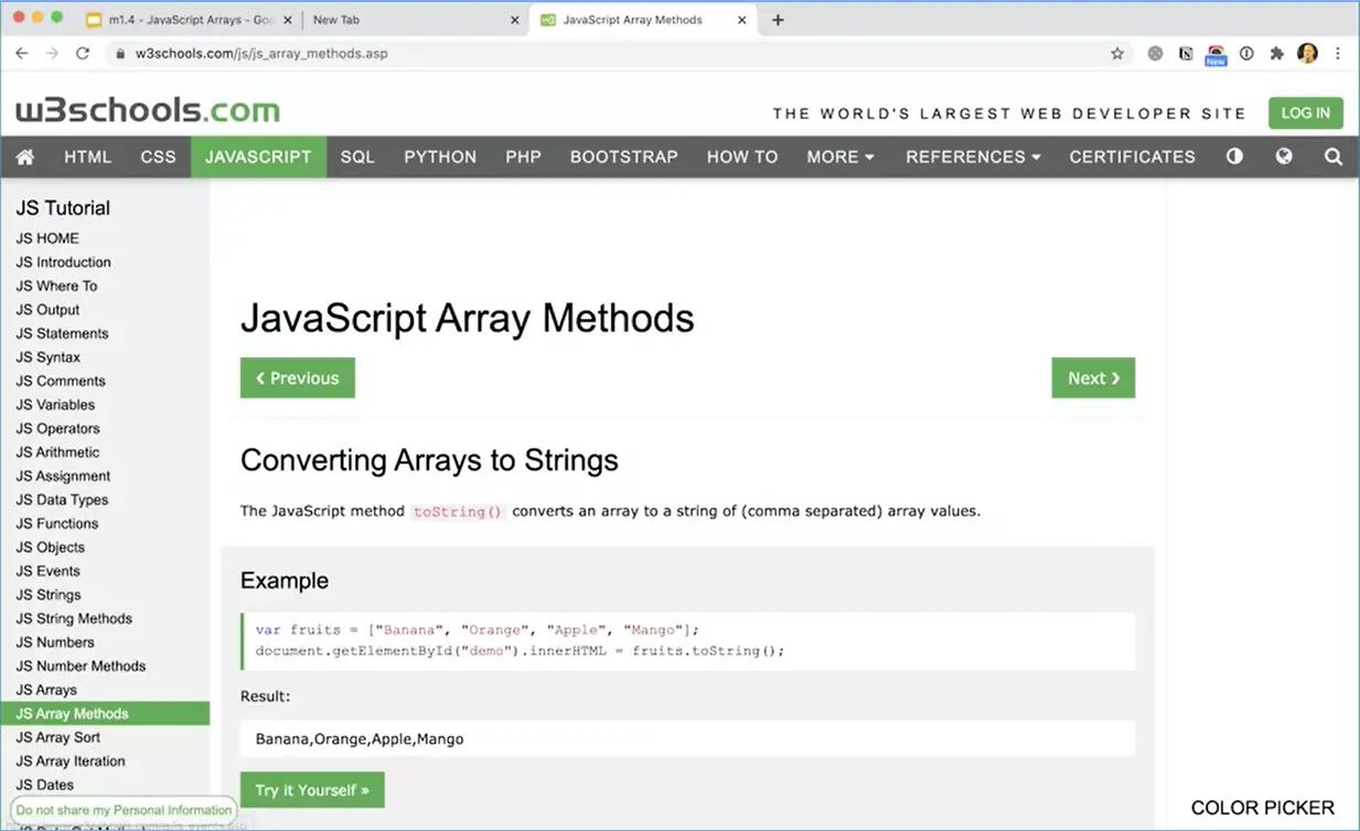 W3schools JS array methods; toString.