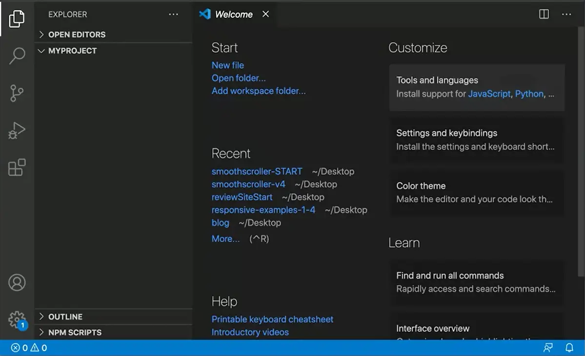 Visual Studio welcome menu.