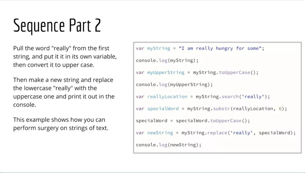 Example, Sequence 2, substr, toUpperCase, replace.