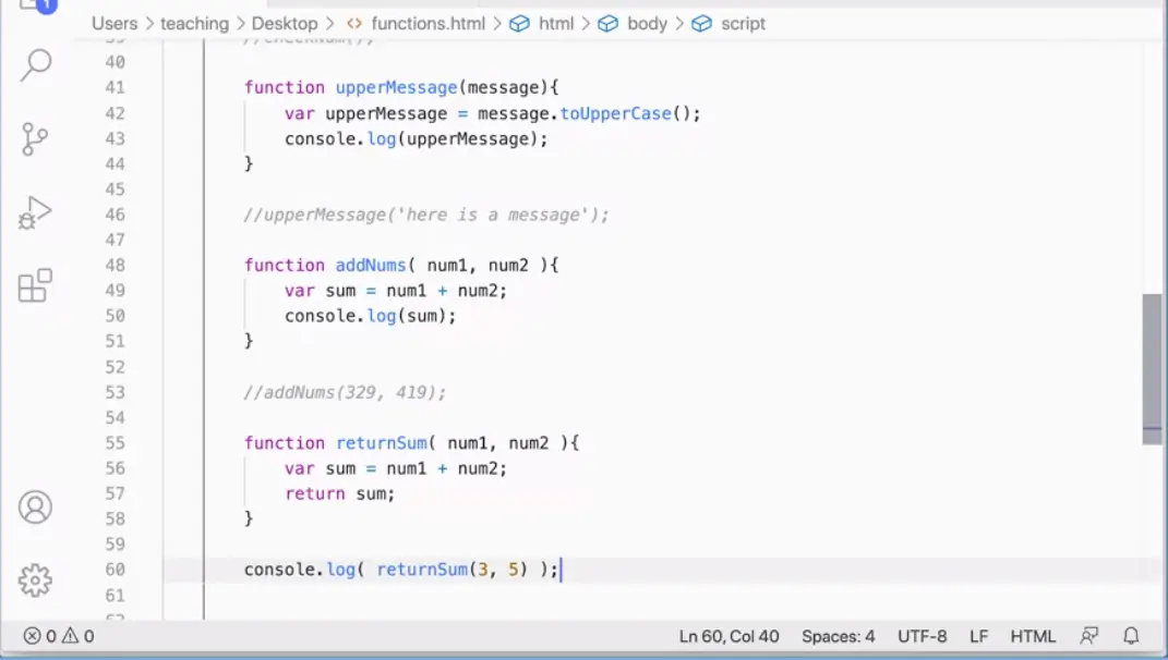 Functions: addNumbs and returnSum.