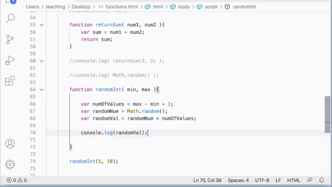 Function randomInt accepting min and max.