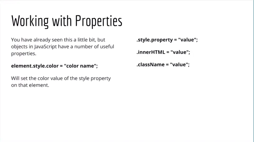 Example, Working with Properties; element.style.property.