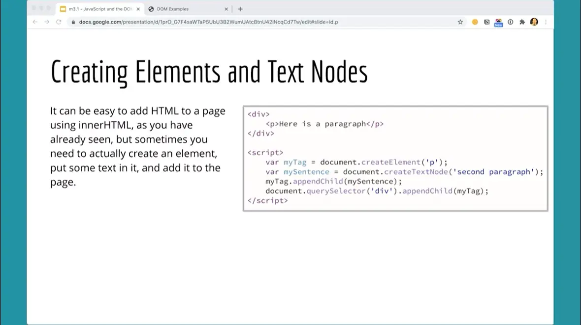 Example, Creating Elements and Text Nodes.