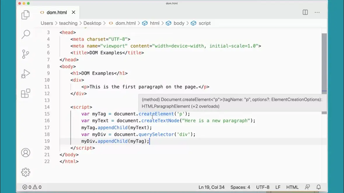 Define variable using document.createElement('p');