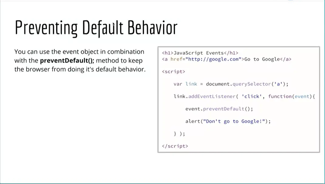 Example, Preventing Default Behavior.