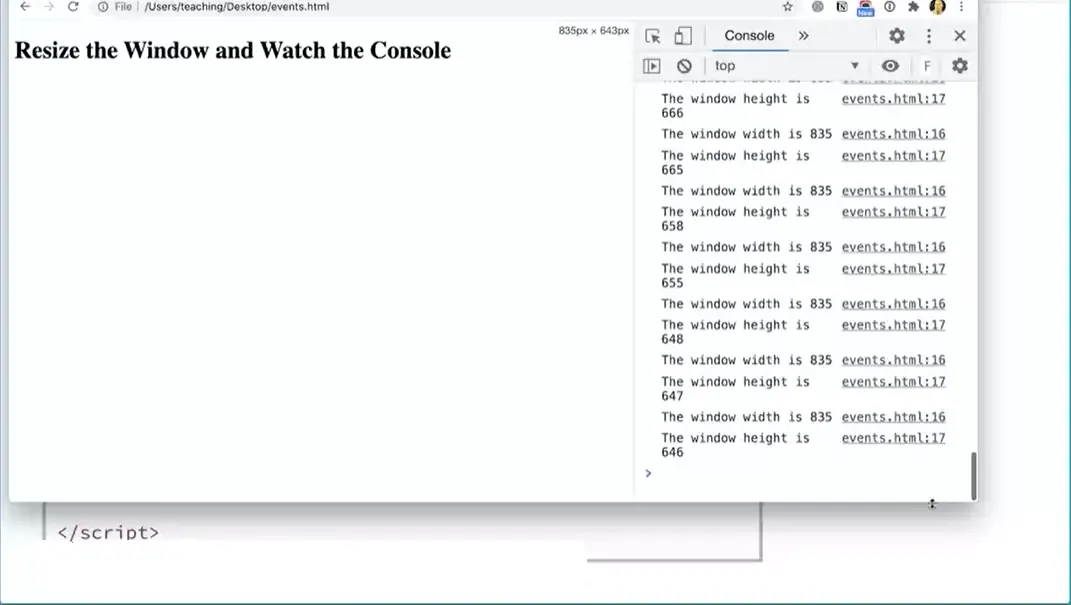 Test, resize window and watch console log width/height.