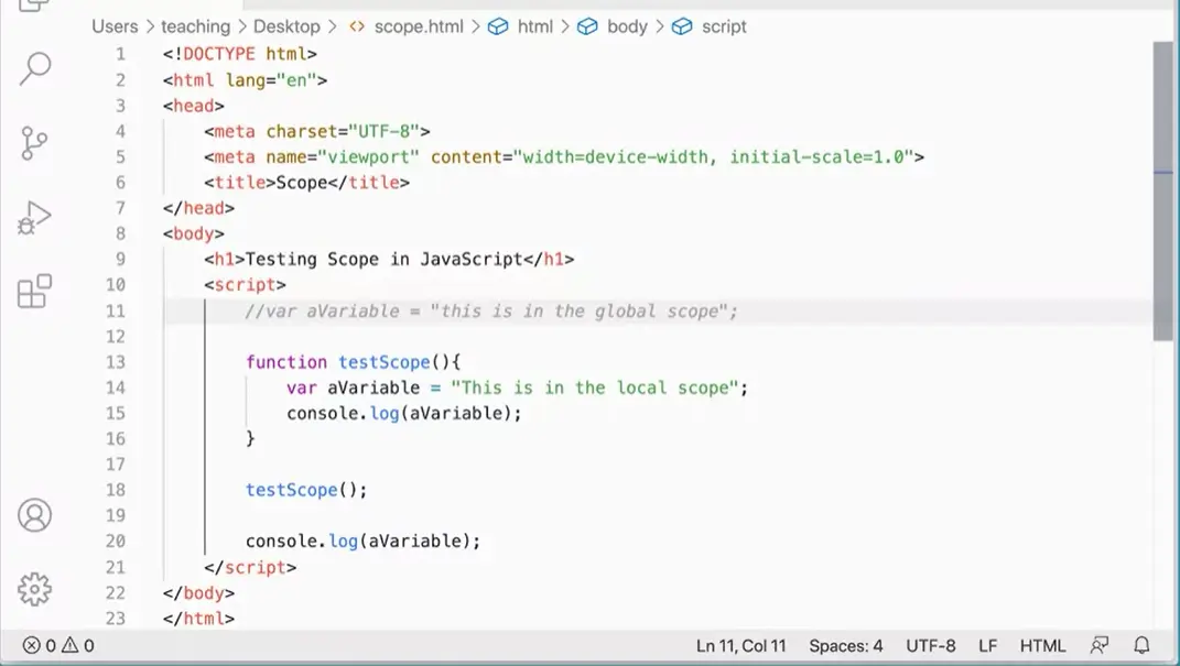 Example function, local vs global variable scope.