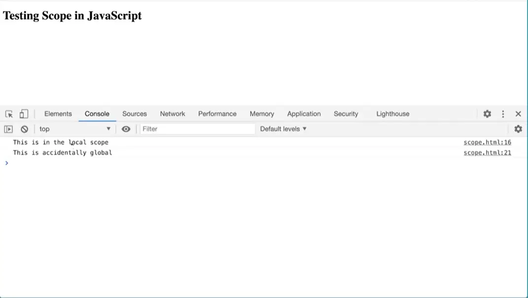 Console example, local and global variable scoping.