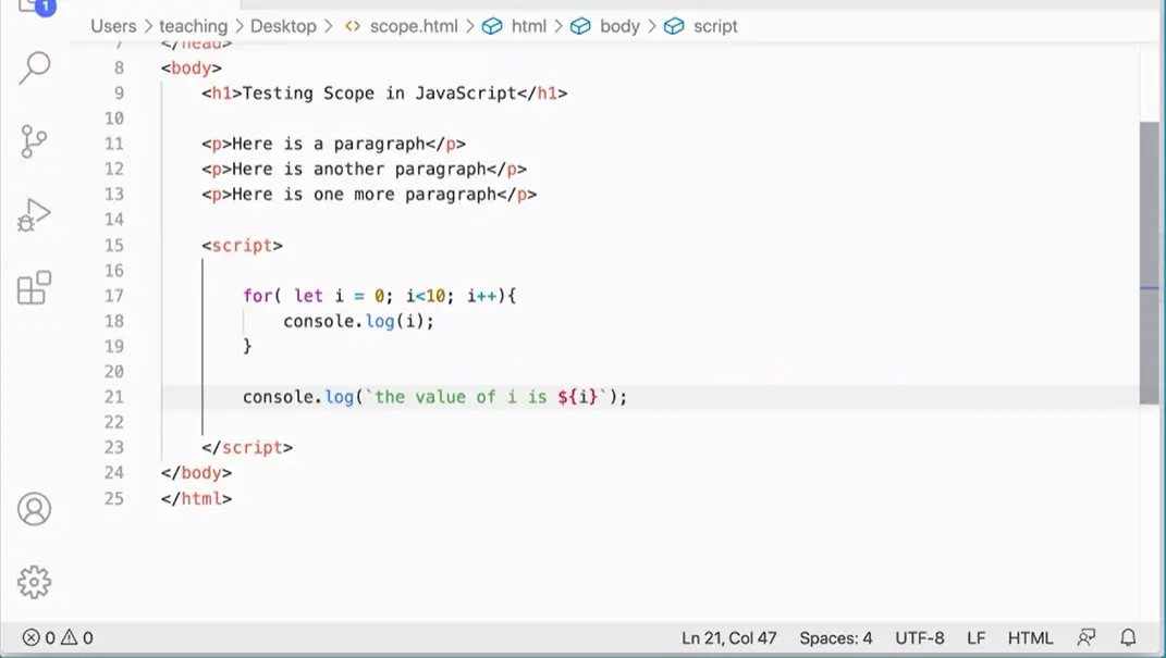 Define 'for' loop with let inside, display to console let value.