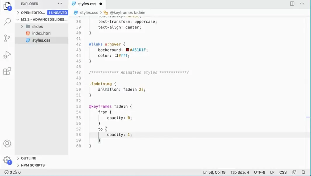 Add class fadeinimg and keyframes fadein to styles.css.