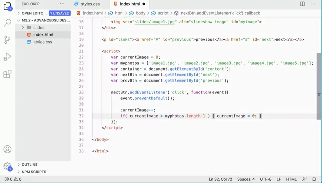 Define variables; current image, photo array, container, next & previous button.