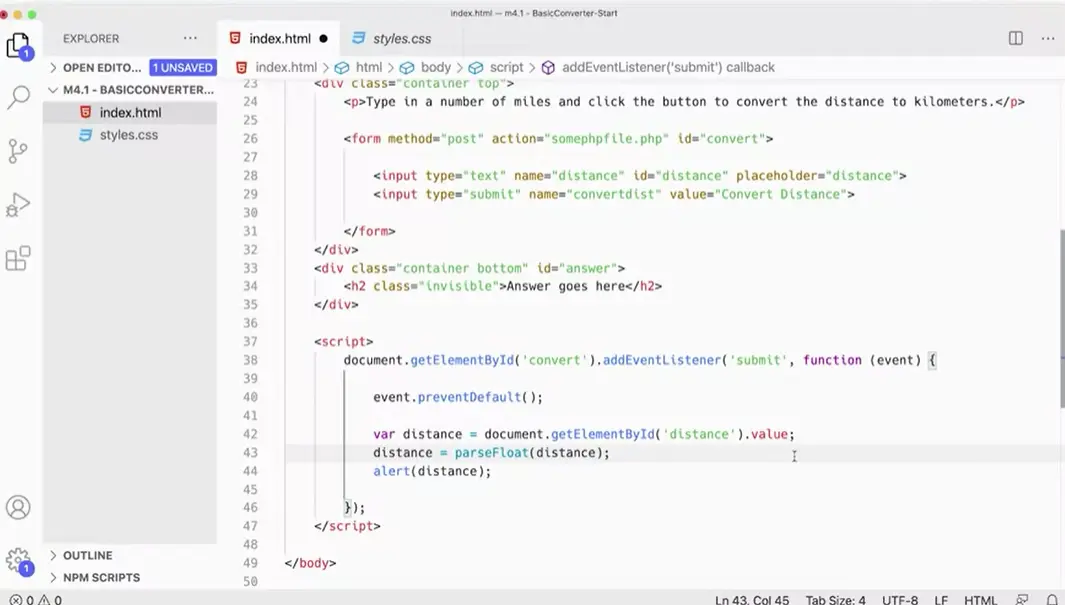 Use parseFloat to convert distance.