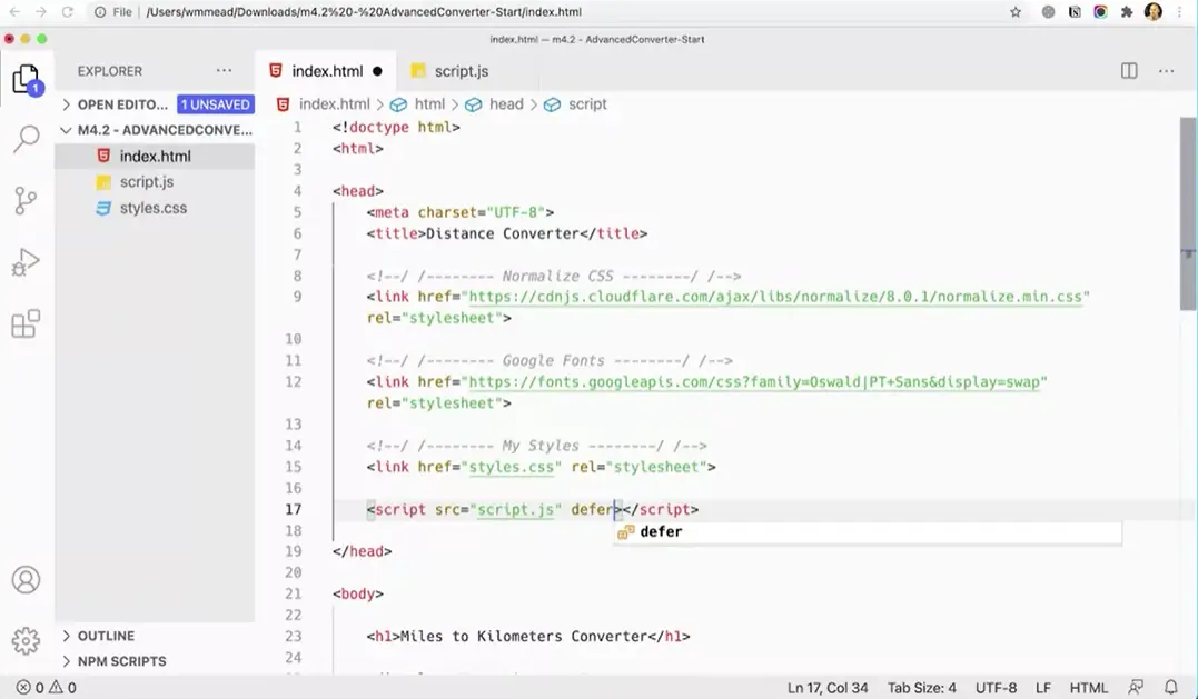 Add script source to head of index file with 'defer' command.