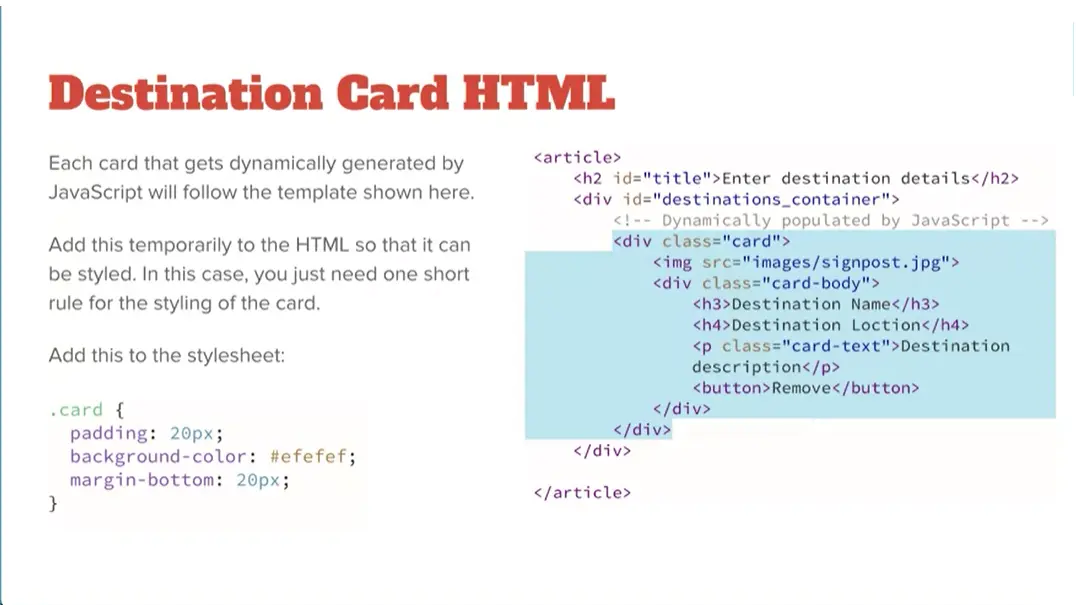 Example, Destination Card HTML.